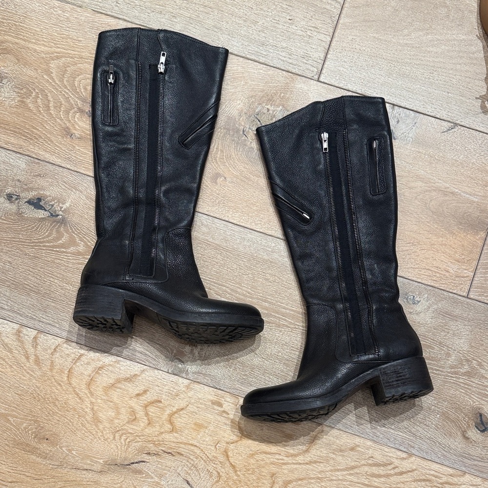 Vera Wang Black Leather Mid-Calf Zip Heeled Riding Boots